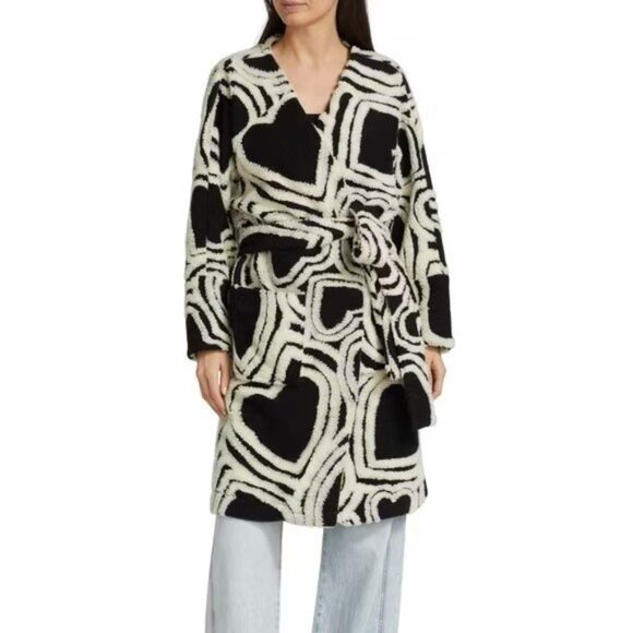 NWOT Farm Rio Wool Blend Wild Hearts Tie-Belt Fleece Coat Size L Black White - Picture 1 of 16
